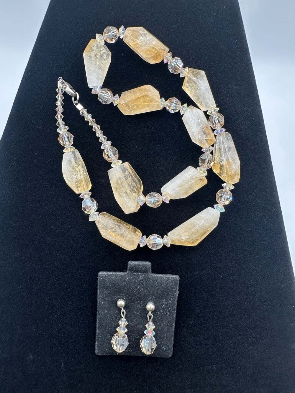 Quartz & Crystal Necklace and Earrings Set, 925 Sterling Silver, Yellow/Clear